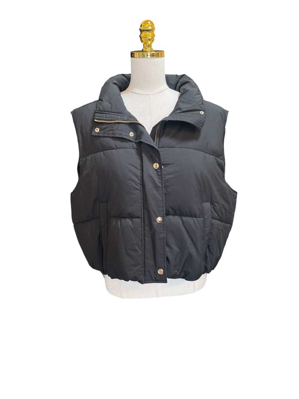 LOFT Black Quilted Puffer Vest Gold Hardware Drawstring Hem Size XL